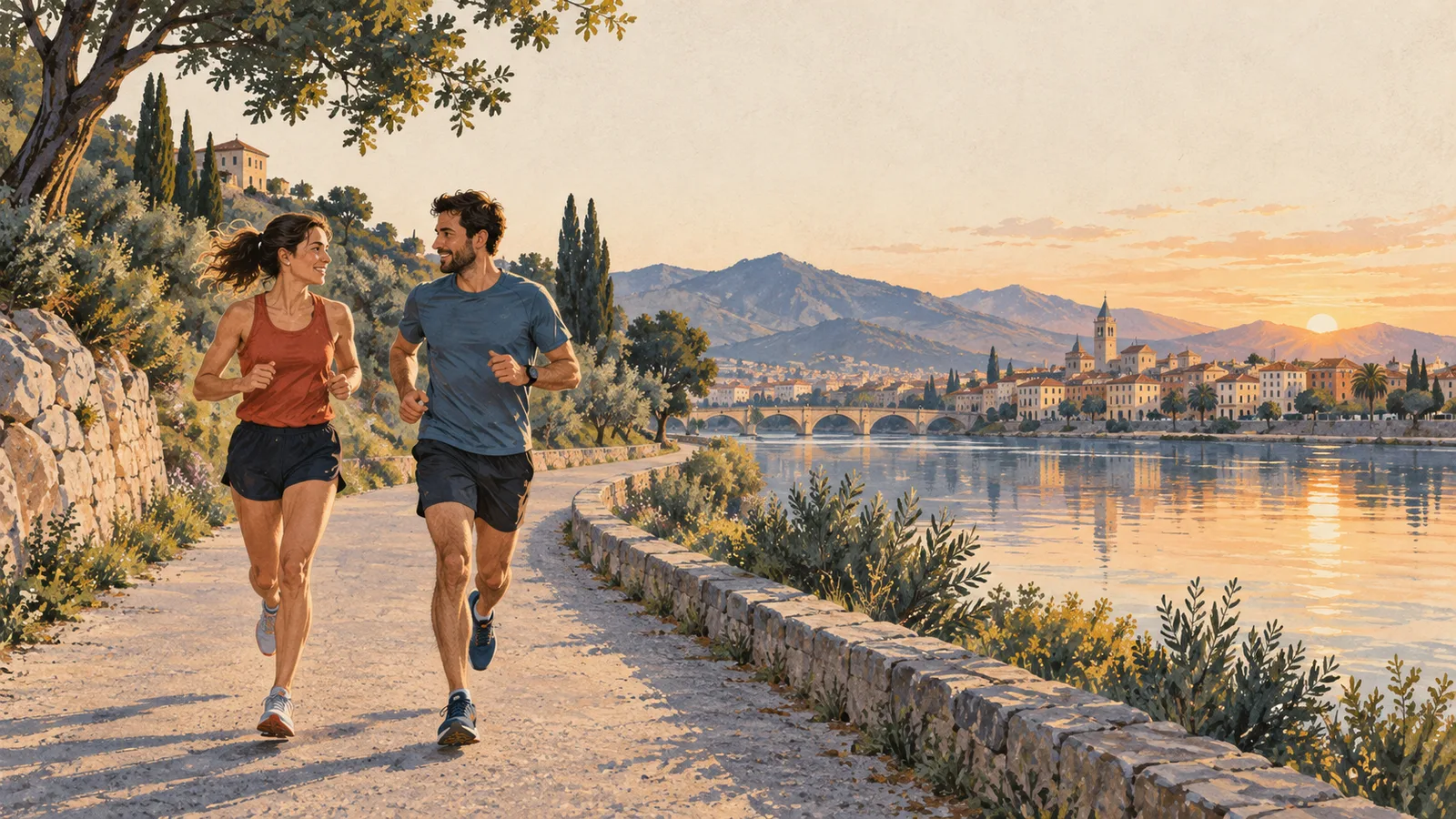 Runners sharing an easy morning run beside the river Runners sharing an easy morning run beside the river